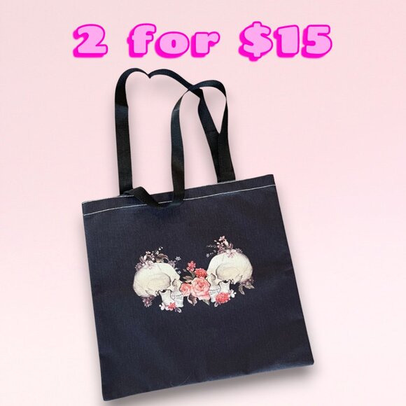 Skulls & Pink Roses Black Fabric Canvas Strap Everyday Tote Bag - Picture 1 of 5